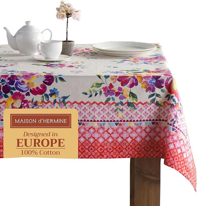 Maison d' Hermine Table Cloth Rectangle Table 100% Cotton 60 x 108 Inches Tablecloth Reusable Decorative for Dining Room Farmhouse Home Valentines Day Decorations Spring Summer - Rose Garden