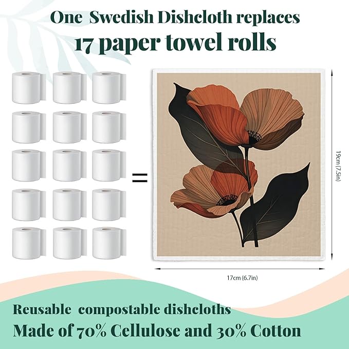 Swedish Dishcloths for Kitchen, Floral Botanical Swedish DishCloths, Papaya Reusable Paper Towels Washable, 4 Pcs Dish Towels for Kitchen Party Home Housewarming Cleaning Cloths