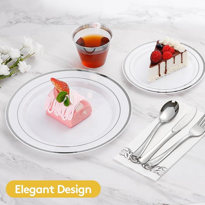 Goodluck 700 Piece Silver Dinnerware Set for 100 Guests, Disposable Plastic Plates for Party, Include: 100 Dinner Plates, 100 Dessert Plates, 100 Paper Napkins, 100 Cups, 100 Silverware set