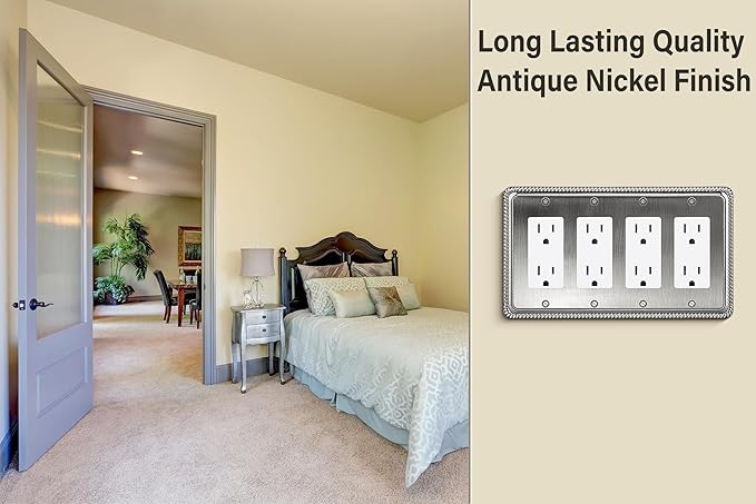 Henne Bery Rope Edge Decorative Wall Plate Switch Plate Outlet Cover (Quad Decorator, Heirloom Silver)