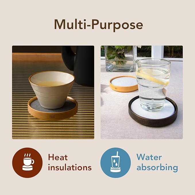 GUDEE TRIVI Set of 4 Water Absorbent Diatomite Coasters with Diatomaceous Earth and Bamboo Frame, Water Absorbing For Water Bottle and Dry Table, Countertop, Sink Area, Kitchen Bathroom Surface, White