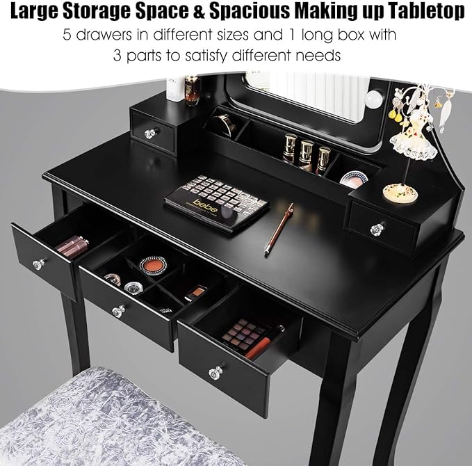 DORTALA Vanity Table Set w/ 360-Degree Rectangular Mirror & Cushioned Stool, Makeup Table w/ 10 LED Dimmable Bulbs, Bedroom Wood Dressing Table w/ 5 Drawers & Removable Box Organizer, Black