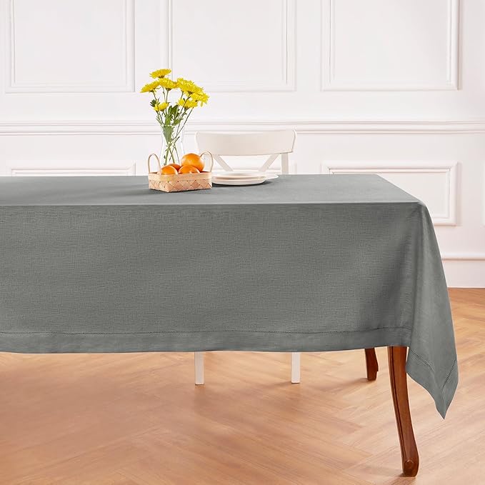 Solino Home Linen Tablecloth 60 x 120 Inch - Classic Hemstitch 100% Pure Linen Steel Gray Table Cloth for Rectangle Tables - Machine Washable Tablecloth for Spring