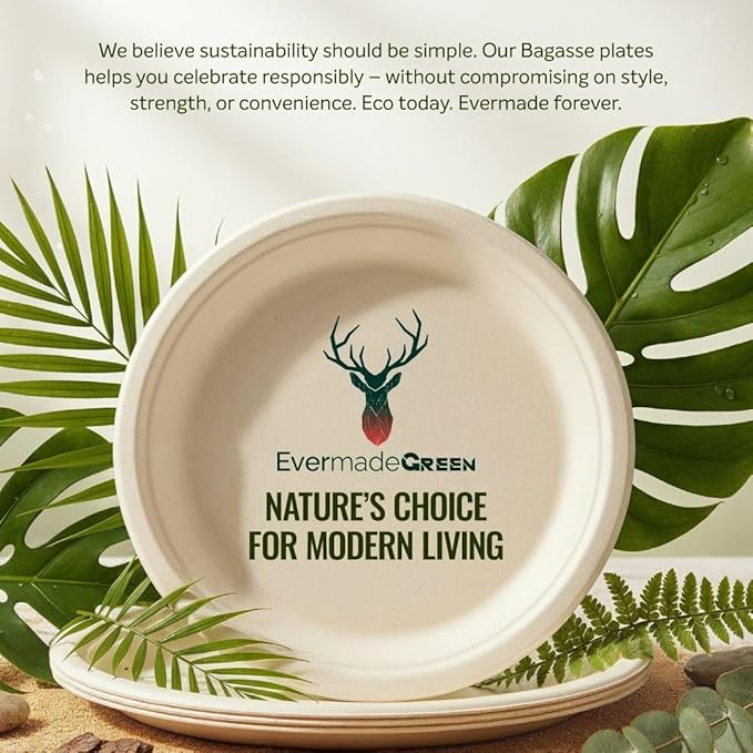 Heavy Duty Disposable Paper Plates 10 inch - Set of 125 | Compostable | Made from Sugarcane Bagasse | Biodegradable Dinner Plates | Rustic Dinnerware for Christmas, Wedding, Party