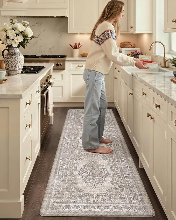 Color&Geometry Anti Fatigue Kitchen Mats for Floor 24x87, Vintage Decor, Easy Clean, Waterproof & Oil Proof, 0.4" Thick Cushioned, Non-Slip Kitchen Runner Rug for Sink, Laundry, Office, Khaki