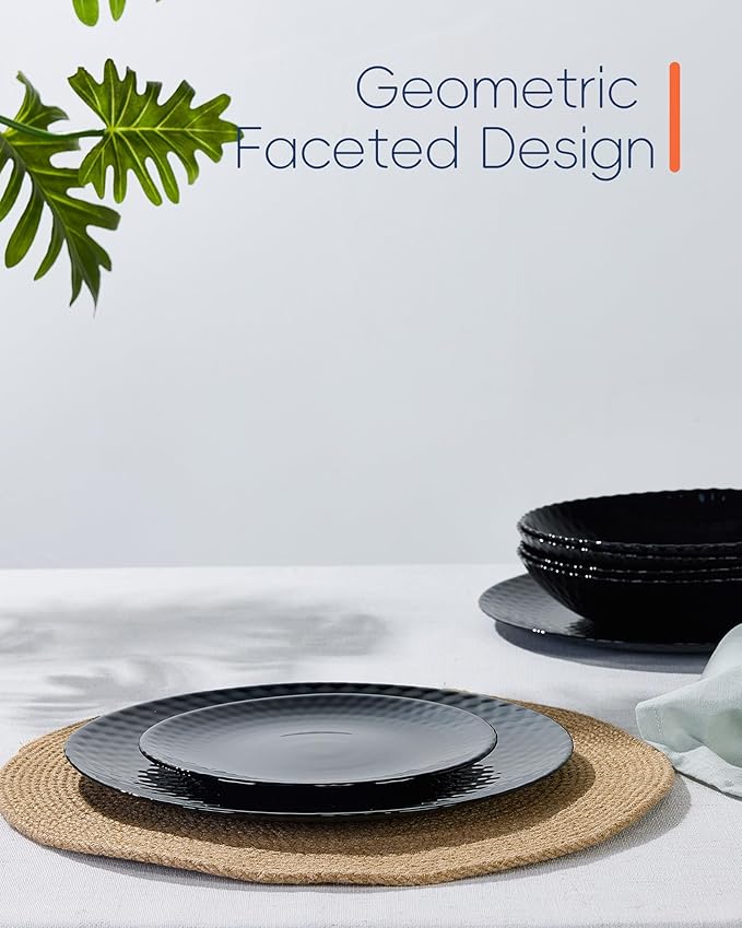 7.5 inch Appetizer Plate Set of 6, Opal Glass Round Geometric Faceted Small Black Plates for Salad Dessert, Kitchen, Dishwasher and Microwave Safe