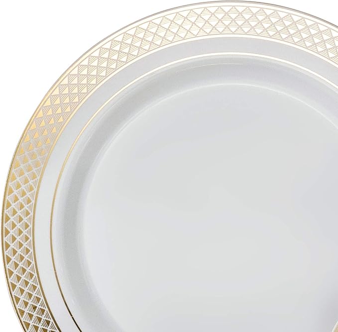OCCASIONS 120 Plates Pack,(60 Guests) Heavyweight Premium Wedding Party Disposable Plastic Plates Set -60 x 10.5'' Dinner + 60 x 7.5'' Salad/Dessert (Celebration White & Gold)
