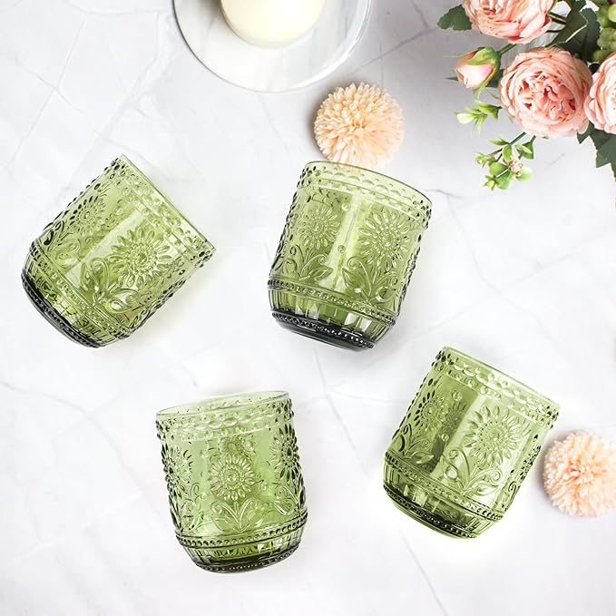 Topsky Vintage Drinking Glass Set of 4,12 oz Embossed Floral Drinkware Set,Green Drinking Glasses Cups Wine Glasses Colored Glassware for Whisky,Beer,Juice,Cocktail,Heavy Duty