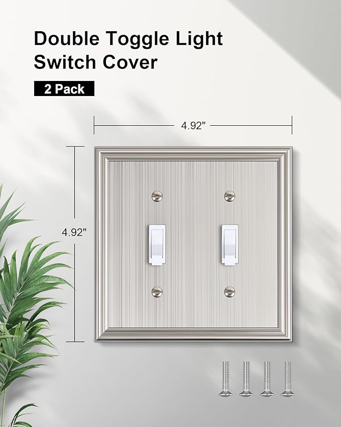 2-Pack Double Toggle Light Switch Cover Plate, Durable Solid Zinc Alloy Decorative Dual Switch Plate Covers, Brushed Nickel 2 Gang Wall Plate, Corrosion Resistant