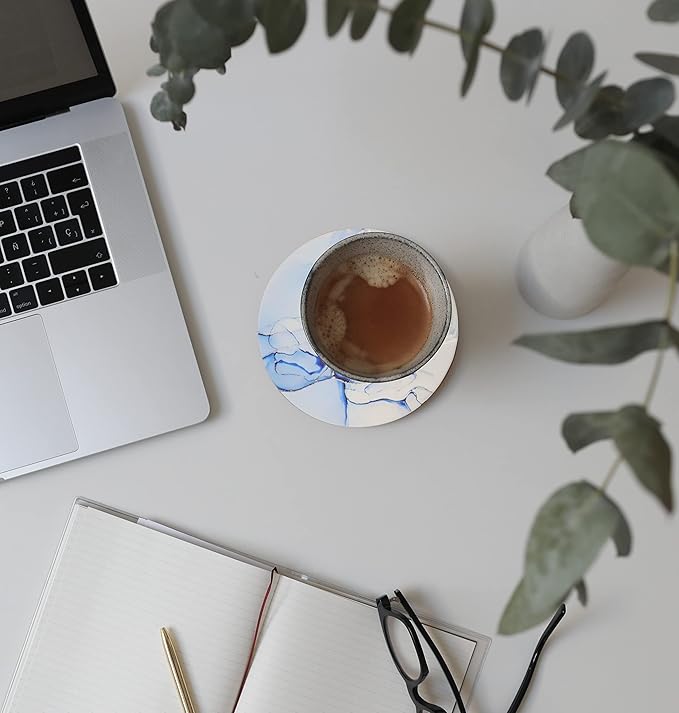 Marble Ceramic Coasters with Metal Holder 6 Pcs Abstract Absorbent Drink Round Ceramic Table Coasters Set Decorative Coffee Cup Beverage 4 Inches- Light Blue