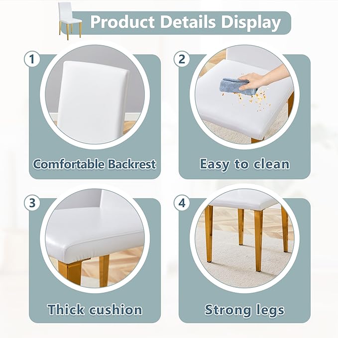 White Dining Chairs Set of 4,Faux Leather with Gold Metal Legs,Armless Kitchen Room Chairs Set of 4,Max Load 300 Lbs,High Back Modern Design for Home Kitchen Living Room Bedroom