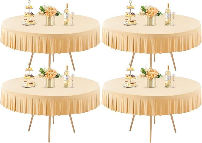 4 Pack Champagne Spandex Round Tablecloths for 60 Inch Tables, Stretchy Fitted 5FT Cloths, Wrinkle-Free Cover With Skirt for Wedding Party Dining Banquet