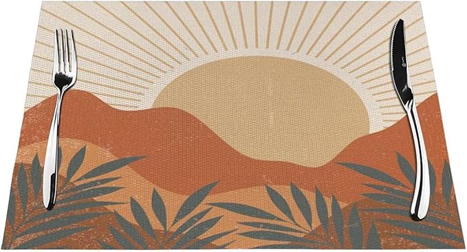 Mid Century Boho Sunset Placemats Vintage Farmhouse Abstract Plant Mountain Sunset Washable Place Mats 12x18Inch for Dining Kitchen Farmhouse Decor 4 PCS