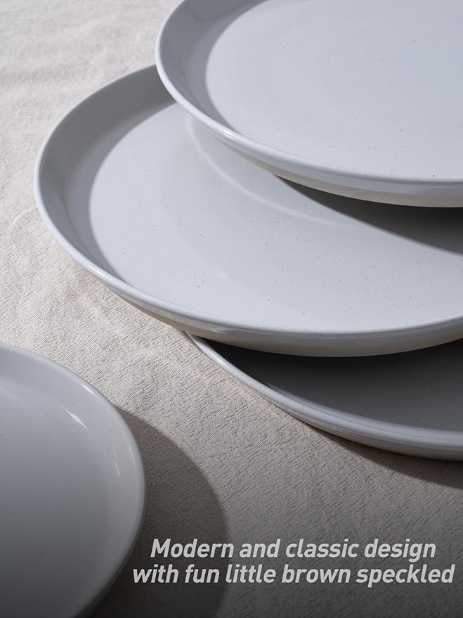Famiware Saturn 16 Pieces Plates and Double Bowls Sets for 4, Stoneware Dinnerware Set with Pasta Bowl, Dish Set with Trim - Chip & Scratch Resistant, Microwave & Dishwasher Safe, Light Gray