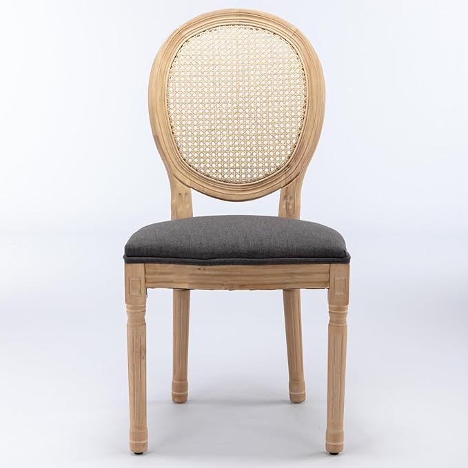Ball & Cast French Vintage Upholstered Dining Chairs Set of 2, Antique Painting Wooden Kitchen Side-Chairs with Rattan Back & Carved Solid Wood Frame, 2-Piece Curved Backrest Louis Chair, Gray