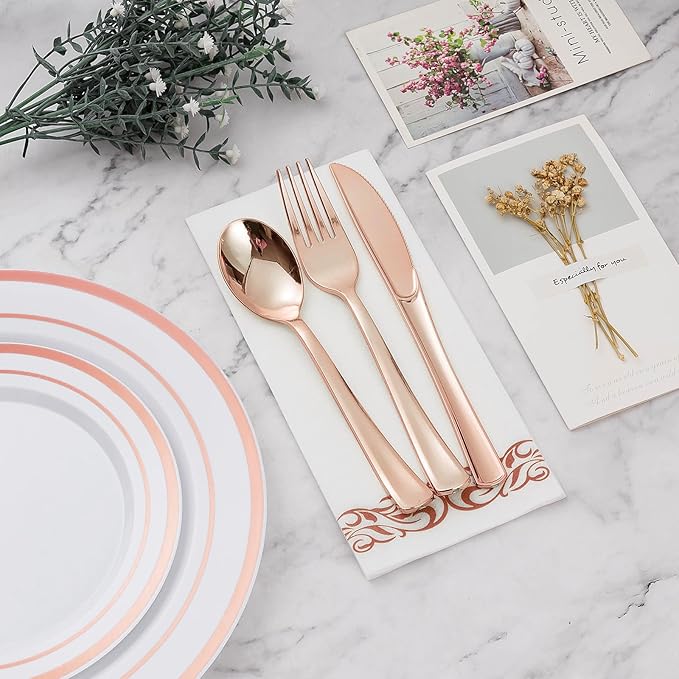 BESTVIP 350PCS Rose Gold Disposable Dinnerware Set for 50 Guests, Plastic Plates for Party, Wedding, Christmas, Include: 100 Plastic Plates, 50 Silver Silverware, 50 Cups, 50 Napkins