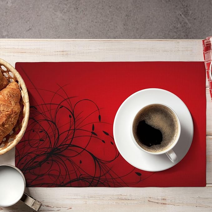 Red Black Abstract Flower Placemats Set of 4 Retro Floral Linen Washable Placemat Kitchen Dining Heat-Resistant Modern Rustic Place Mats Desktop Decor Table Mats 12x18 Inch