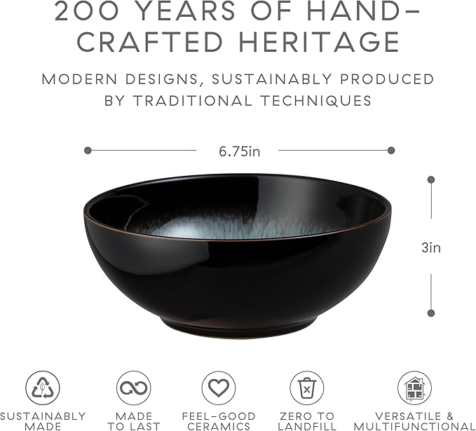 Denby - Halo Coupe Cereal Bowls Set of 6-27 Ounce Reactive Glaze, Dishwasher Microwave Safe - Scratch Chip Resistant - Grey, Black Ceramic Stoneware Soup Bowls Tableware