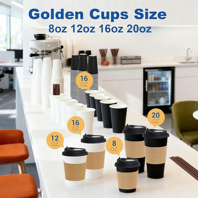 16 oz 50 Pack Coffee Cups with Lids and Sleeves, Straws, Hot Disposable To Go Travel Paper Cups Bulk for Office, Home Coffee Bar Accessories, Chocolate, Cocoa, Beverage (Black)