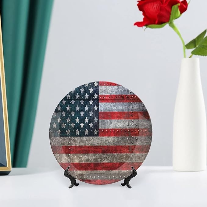 Decorative Plates, American Flag Print Ornament, US Flag Plate, 10 Inch, 1 Plate with 1 Display Stand, Multicolor