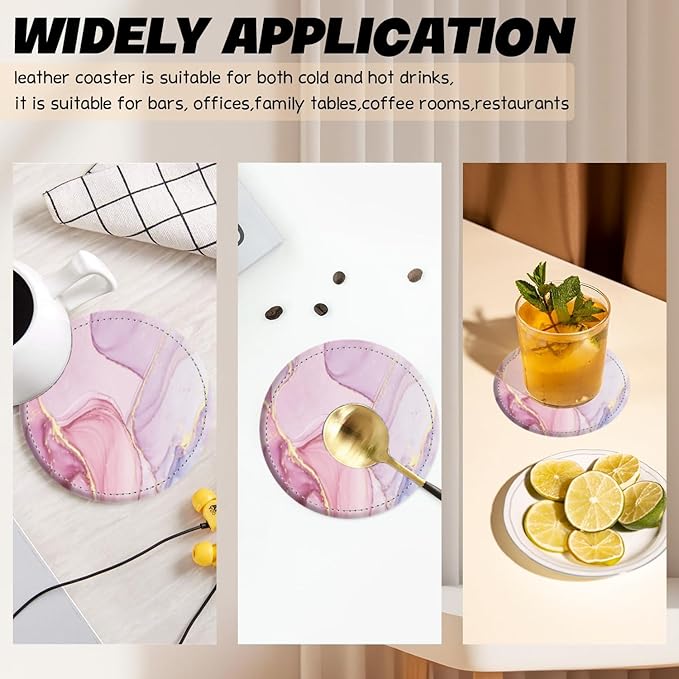 Coasters for Drinks PU Leather,Set of 6 with Holder,Round Housewarming Gift Home Decor,Pink and Golden Marble