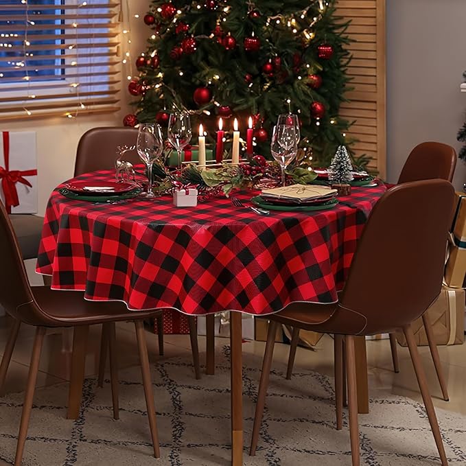 misaya Round Waterproof Vinyl Table Cloth, Buffalo Flannel Backed Tablecloth, Wipeable Plastic Table Cover for Christmas (60", Red and Black)