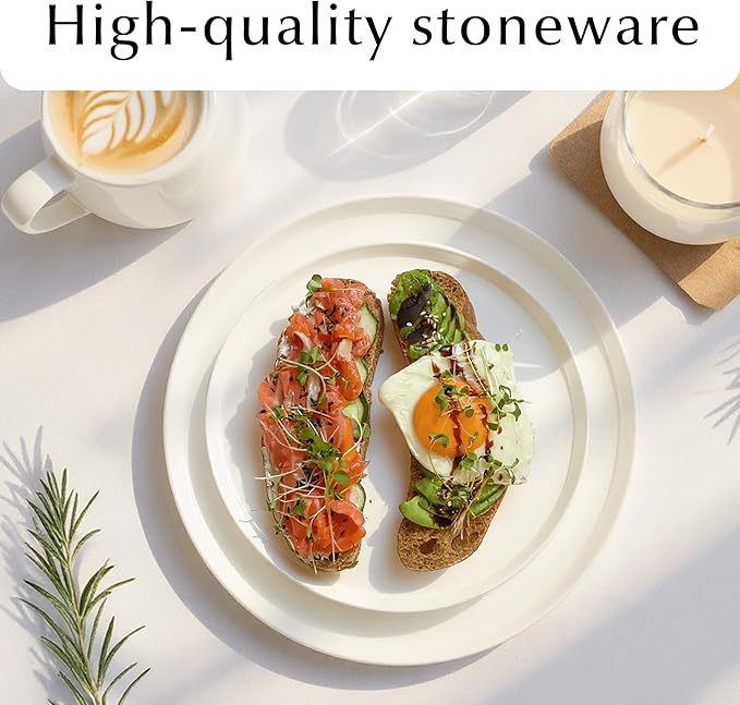 MIAMIO – Ceramic Dinner Plates Set for 4 People/Ceramic Dinnerware 4-Piece, Modern Stoneware, Dishwasher & Microwave Safe – Luxe Collection (White, 8 Inch)