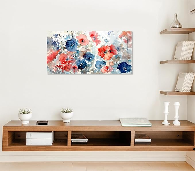 ADJUVANT Wall Art Watercolor Vibrant Floral 40"L x 20"W, Colorful Poppies With Soft Hues Canvas Painting Lively Blooms Artwork Delicate Tones Prints Wall Decor for Living Room Bedroom Bathroom Home Office
