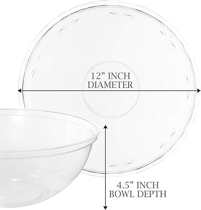 PLASTICPRO Disposable Round Serving Bowls, Party Snack or Salad Bowl, Plastic Crystal Clear Pack of 4 (X Large Bowls, 4)