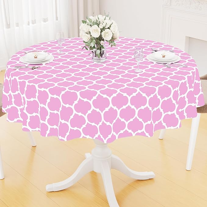 Smiry Round Plastic Table Cloth, Waterproof Vinyl Tablecloth with Flannel Backing for Round Tables, Wipeable Spillproof Tablecloths for Dining, Camping, Indoor and Outdoor (60" Round, Pink)