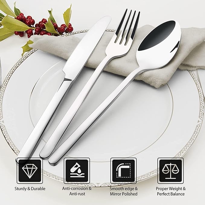 KINGSTONE Bone China Dinnerware Set for 4 with 20 Piece Silverware Set for 4, Dishwasher Safe, Tableware for Daily Use with Elegant Design