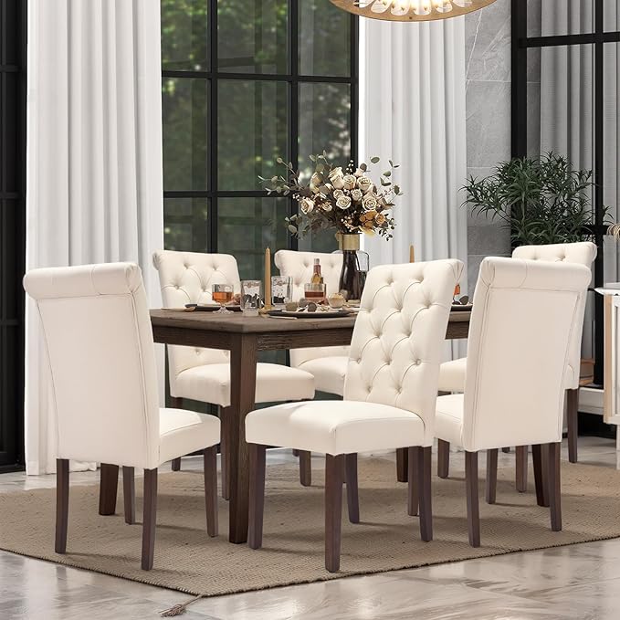 COLAMY Tufted Dining Chairs Set of 6, Accent Parsons Diner Chair Upholstered Fabric Stylish Kitchen Chairs with Solid Wood Legs, Beige