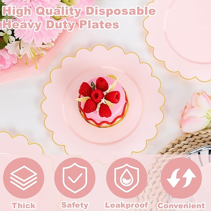 LIYH 100 Pcs 7.5" Pink Plastic Plates with Gold Disposable Pink Dessert Plates Gold Plastic Plate,Baby Shower Plate Set Suitable for Weddings Bridal Showers Afternoon Tea Valentine's Day Mother's Day