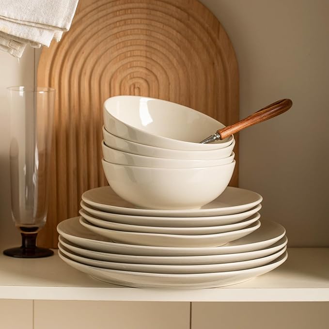 Ceramic Dinnerware Sets for 4,12 Pieces Plates and Bowls Sets, Plates Pasta Bowls Soup Bowls, Modern Stoneware Dishes, Reaction Glaze (White)