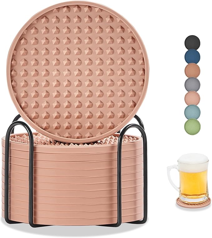 Coasters for Drinks, Silicone Coasters Set of 12 with Metal Holder, Outdoor Coaster for Coffee Table, Non-Slip Rubber Table Cup Mat Desk, Heat Resistant & Scratch-Proof (Dusty Pink)