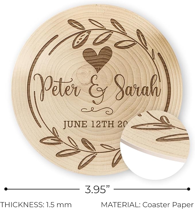 100 Pack Personalized Wedding Coasters, Custom Cardboard Coasters for Drinks with Photo Print and Text, Keepsake Wedding Favors and Gifts for Couples, 3.95" Round (Design 1)