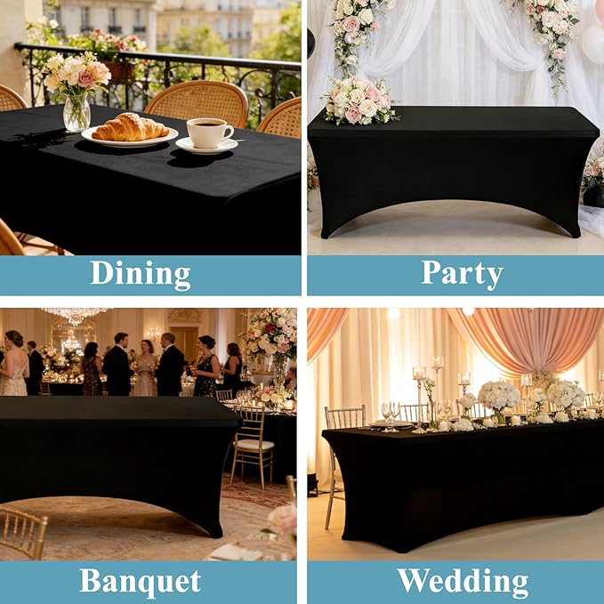 VidaFete Spandex Tablecloth 2 Pack 6FT, Fitted Stretch Table Cover for Rectangle Tables, Wrinkle Resistant and Washable Tablecloths for Outdoor, Picnic, Party, Wedding, Banquet, Birthday, Black
