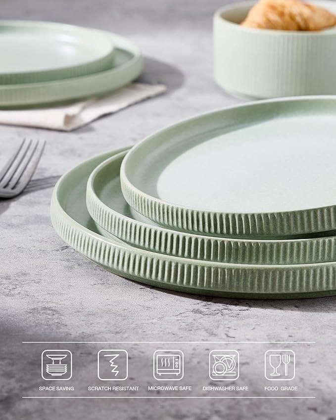 famiware Star Salad Plates for 6, 8 inches Plate Set, Stoneware Dinnerware, Small Dinner Plates for Dessert, Salad, Appetizer,Matte Green
