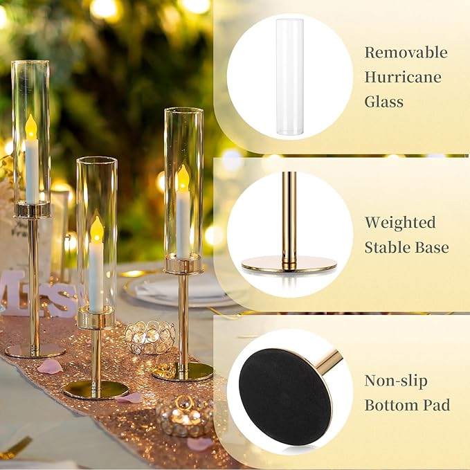 Hewory Gold Candle Holders Hurricane Candlestick Holders, 12Pcs Candle Stick Candle Holder Candelabra, Taper Candle Holders with Glass Candle Cover for Wedding Table Centerpiece Christmas Decor