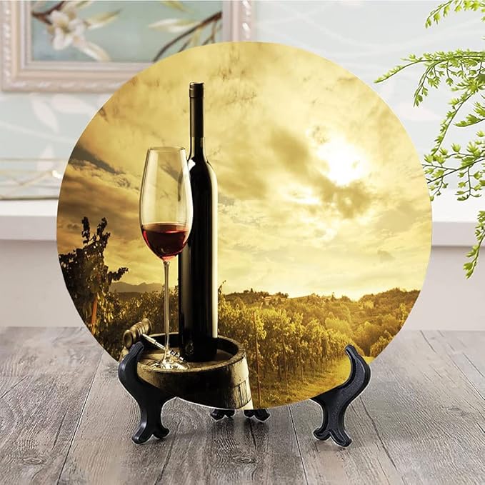 Ceramic Display Plate, Wine Ceramic Hanging Decorative Plate, Red Wine Bottle and Glass on Wooden Barrel, 7 Inch, Household Custom Ceramic Plate, Light Coffee Green Black