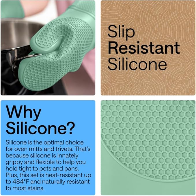 GORILLA GRIP BPA-Free Soft Silicone Oven Mitts and Pot Holders Sets of 4, Heat Resistant Waterproof Cooking Gloves, Thick Cotton Lining, Flexible Gripping for Baking Grilling, Kitchen Trivets, Mint
