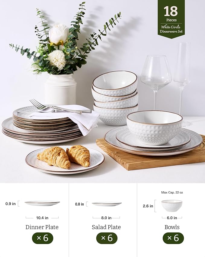 Famiware Eden Plates and Bowls Sets, Stoneware Dinnerware Sets with Gold Trim, 18 Pieces Dishes Set for 6 - Chip and Scratch Resistant, Microwave and Dishwasher Safe, White Circle