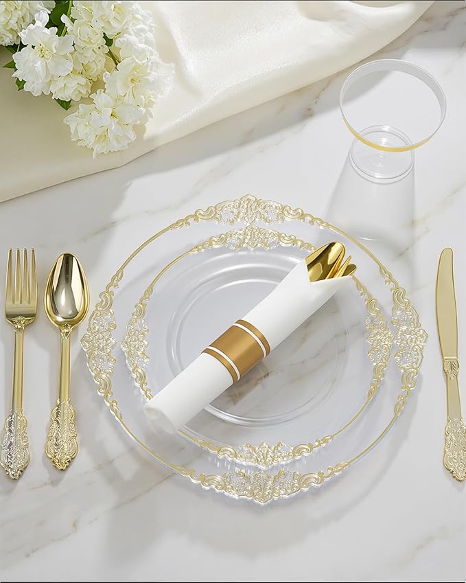 Goodluck 350 Piece Clear Gold Plastic Dinnerware Set for 50 Guests, Fancy Disposable Plates, Include: 100 Gold Rim Plastic Plates, 150 Silverwares, 50 Pre Rolled Napkins, 50 Cups for Party, Wedding