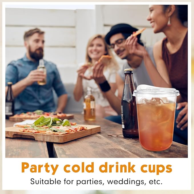 100 Sets Clear Plastic Cups with Strawless Sip Lids, Thickened Clear Disposable Plastic PET Crystal Cups for Iced Coffee, Smoothie, Cold Beverage, Drink Shops and Party Catering (16 oz)