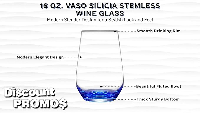 DISCOUNT PROMOS 10 Vaso Silicia Stemless Wine Glasses Set, 16 oz. - Clear, Orb-Like, Thick base - Blue