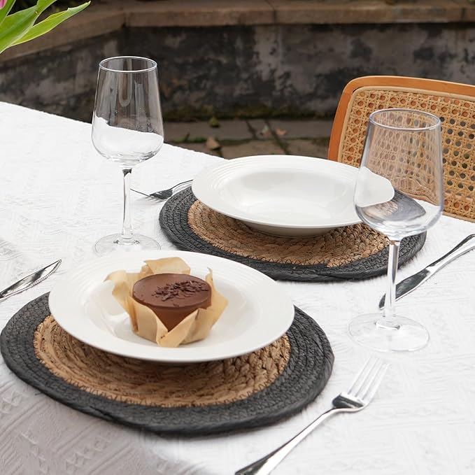 ANDSTAR Round Woven Placemats Set of 4, 12"x12", Natural Wicker Placemats, Water Hyacinth Straw Braided Placemats,Boho Place Mats for Farmhouse, Rustic Table (Water Hyacinth + Black Cotton Rope)