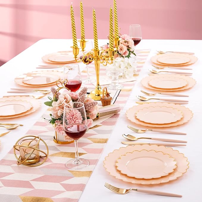 LIYH 60 Pcs Pink Plastic Plates with Gold Disposable Plates Includes: 30 Dinner 10.25" and 30 Dessert Plate 7.5" Gold Plastic Baby Shower Plate Set