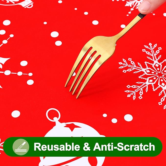 Smiry Christmas Rectangle Table Cloth, Waterproof Vinyl Tablecloth with Flannel Backing, Wipeable Bell & Snowflake Plastic Tablecloths for Christmas Table Decorations, (60"x120", White & Red)