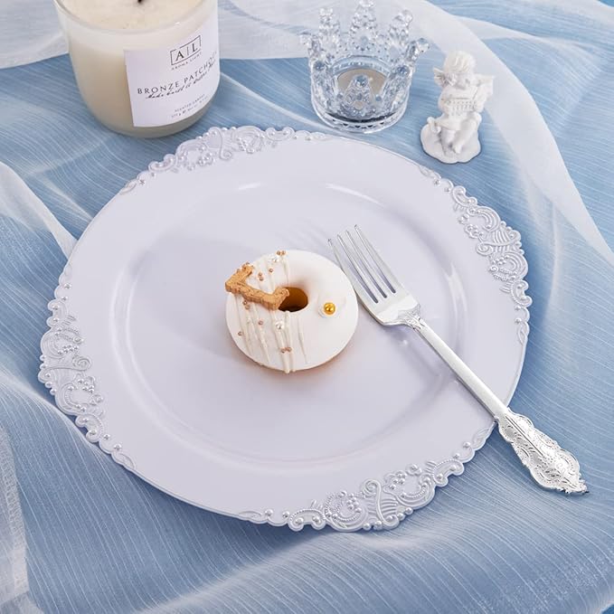 Hioasis 100pcs White Silver Plastic Plates - 10.25" Dinner Plates Disposable, Heavy -duty, Classy and Elegant for Thanksgiving