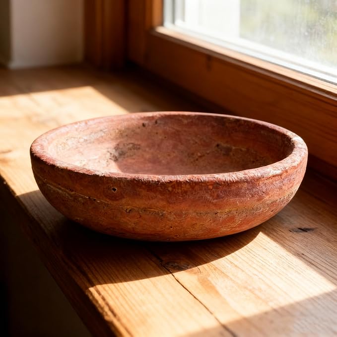 Red Travertine Bowl, 7.8" Natural Stone Centerpiece for Bohemian Entryway & Office Desk Home Decor, Handmade Decorative Key Fruit Bowl, Earth Tone Jewelry Dish, Vibrant Tabletop Art